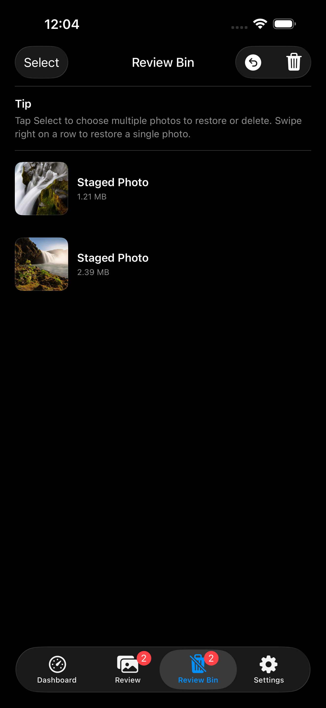 Review Bin with selection actions